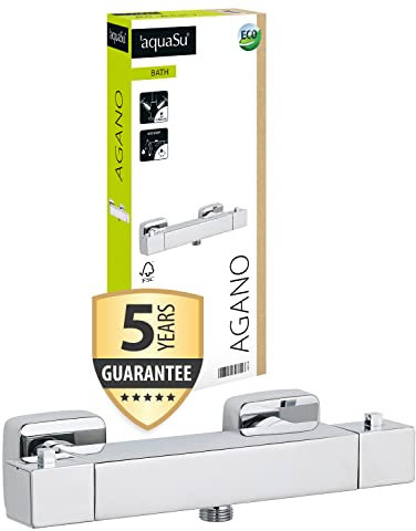 'aquaSu® Thermostatarmatur Agano mit Eco-Stop, Mischbatterie für Dusche, aus Messing mit Keramik-Innenteil und Brauseanschluss, verchromt, 796118