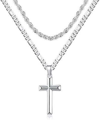 Kreuz Kette Herren, Goldkette Kreuz Kette Damen Herren Frauen 18k Gold Doppel Ketten Rope Kette Figarokette Christentum Scmuck Taufe Geschenk Junge Frauen Mädchen
