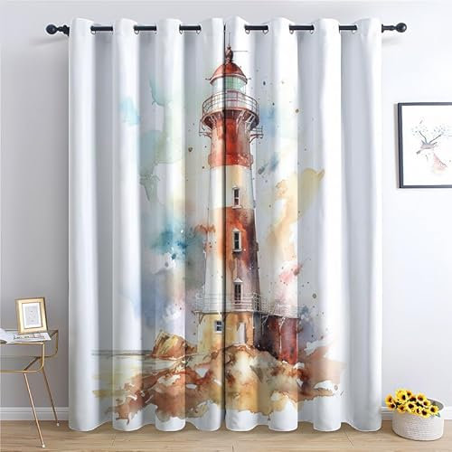 QEODAH Vorhänge Leuchtturm Nautisch Maritim Gardinen mit Ösen, Vorhang Blickdicht, Verdunklungsvorhänge, Schlafzimmer Wohnzimmer & Kinderzimmer Deko, Blackout Curtain 2er Set H 245 x B 140 cm