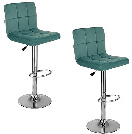 Baroni Home Juego de 2 Taburetes de Bar o Cocina de Tejido Acolchado, Ajustable y Giratorio De 360°, con Respaldo y Reposapiés, Estructura de Acero Cromado, Color Petróleo de Terciopelo