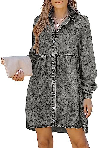Roskiky Robe à manches longues en jean pour femme - Longueur genou - Boutonnée - Décontractée - Nuisette - Denim - Chemise en coton, Foxy Gray, L