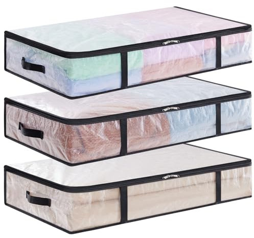Lifewit 3 Stück Transparente Plastik Unterbett Aufbewahrungstasche, 60L Unterbettkommode Aufbewahrungsbox mit Decke Aufbewahrungstasche Kleidung mit Verstärktem Griff für Bettdecken, Kleidung, Decke