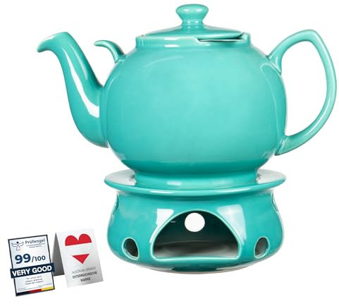 Teekanne mit Stövchen Steinzeug 1.6 L (Türkis) mit Edelstahl Sieb. Keramik Teapot Liverpool tropffrei mit Siebeinsatz