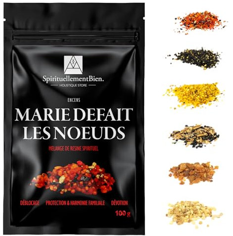 Encens Marie defait Les nœuds résine Sacré & Authentique en Grain 100 GR pour Fumigation Brule Parfum ou Encensoir Protection - Harmonie Familiale - Libération des Blocages - Alternative Encens