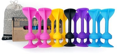 TOSSIT Spiel Saugnapf Darts, Indoor Outdoor Drinnen Draußen, Boccia, Petanque, Wurfspiel, Nachhaltig langlebig Silikon, Boden oder Wand, Family Pack, Rosa Violett Blau Gelb
