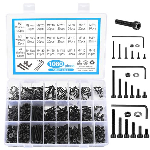 Vis à tête creuse à six pans creux, 1080 pièces M2 M3 M4 Vis à six pans creux en acier au carbone avec écrous et rondelles, vis filetées, kit d'assortiment de vis à métaux