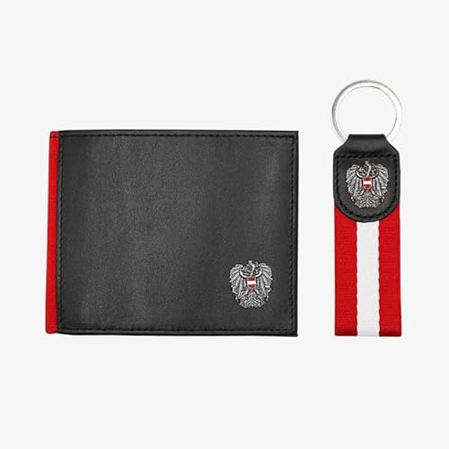 Hoamatkult Österreich Adler Geldtasche Geschenkset - Vintage-Leder in Schwarz, Inklusive Schlüsselanhänger, RFID-Schutz, Mehrfachfächer