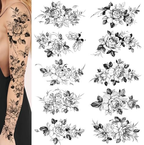 Temporäre Tattoos für Frauen, Extra große florale temporäre Tattoo, exquisite und sexy temporäre Tattoos, Frauen Arme Tattoo, Oberschenkel und Rücken Rose gefälschte Tattooärmel (Ser 3)