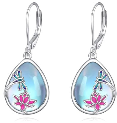 Mondstein Libellen Ohrringe für Damen - 925 Sterling Silber Lotus Tropfen Ohrhänger Leverback Schmuck Geschenke für Mädchen