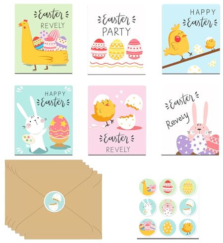 DALAETUS 6 Stück Osterkarten Set mit Umschlag und Aufkleber, Ostern Postkarten mit Unterschiedliche Motive, Klappkarten mit Hasen und Ostereiern für Ostern, Faltbar Frohe Ostern-Grußkarten