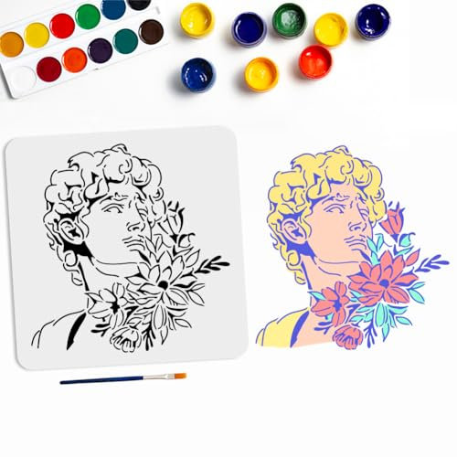 MAYJOYDIY Pochoirs pour Peinture Statue de David de Fleurs 30 × 30cm Pochoirs Artistiques D'Homme et de Feuilles de Fleurs avec Pinceau pour Peindre Sur Bois Toile Papier Tissu Mur Meubles