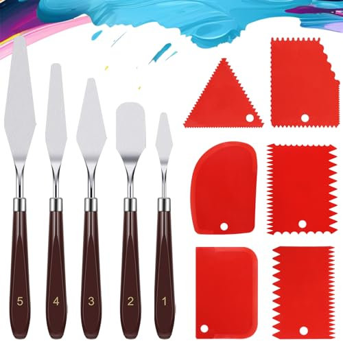 Hejo 11 Pièces Ensemble de Couteaux à Peinture, 5 Couteaux à Palette Acier Inoxydable, 6 Plastique Couteaux Grattoirs, Spatule Peinture Acrylique pour Peinture à L'huile, Aquarelle, Pétroglyphes