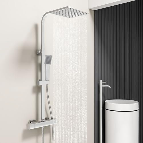 Acezanble Colonna doccia termostatica, doccia termostatica a 38 °C, colonna doccia in acciaio inossidabile con miscelatore bagno, doccetta 1 getti, testa doccia quadrata 25 x 25 cm, cromata