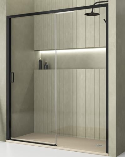 Mampara de Ducha Frontal Corredera 1 Puerta 1 Fijo | Vidrio Templado 5mm Antical Altura 190cm Transparente | Perfil Negro 120cm (Adaptable 118-122cm)
