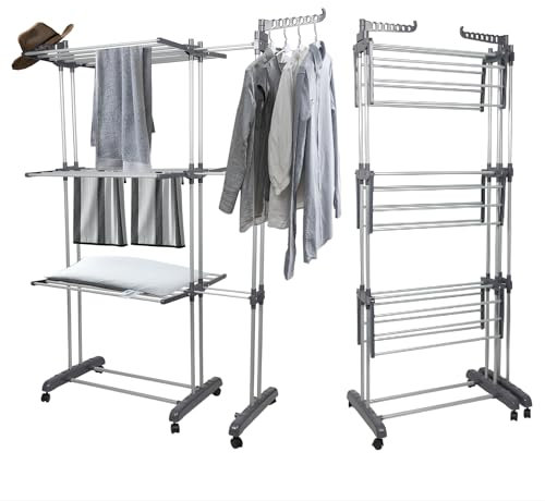 MUL-BOUTIQUE Wäscheständer, ausziehbare Länge, mobiler Wäschetrockner mit 3 Ebenen, faltbar, für drinnen und draußen, großes Fassungsvermögen, Größe 142,5 x 64 x 170 cm, mit Rollen (grau)