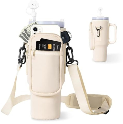 Mailfull Tragetasche für Stanley Cup 40oz Trinkflasche Zubehör Tasche mit Handytasche Karabiner Verstellbarer Schultergurt Stanley Cup Zubehör für Wandern Reisen Radfahren Camping (Creme)