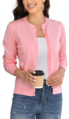 BERESIA Cardigan Donna Maglia con Bottoni Golfino Girocollo Manica Lunga Giacca Cappotto Elegante, Rosa S
