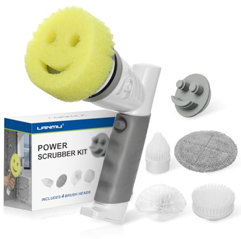 LANMU Electric Wand Compatible with Scrub Daddy/Mommy Sponges, Smiley Face Sponge Handle for Cleaning Oven, Stove, Sink, with 5 Replacement Brush Heads