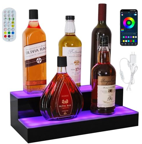 ClarityCraze LED-beleuchtetes Regal für Likörflaschen, 2 Ebenen, 40,6 cm, Bar-Flaschen-Display mit Fernbedienung und App-Steuerung für Zuhause, Bar, Party, Whiskey, Wein, Kaffee, Sirup, Wasserflasche