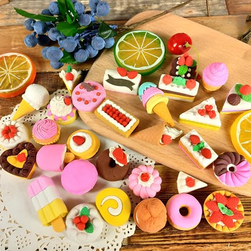 MINGZE 30 Stück Bleistift Radiergummis, Premium Neuheit Kuchen Dessert Radiergummis Sammlerstück Set von liebenswert, beste Puzzle Spielzeug für Kids Party, Spiele Preise, Karneval und Schulmaterial