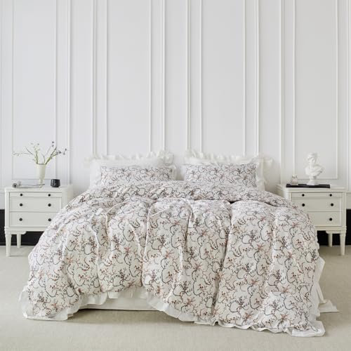YuHeGuoJi Bettwäsche-Set, gebrannte orangefarbene Blume, 100 % Baumwolle, 3-teilig, 1 schwarz-weiß, Rüschen-Bettbezug mit Reißverschlüssen, 2 Kissenbezügen, exotischer Rost, Boho-Blumenmuster, weich