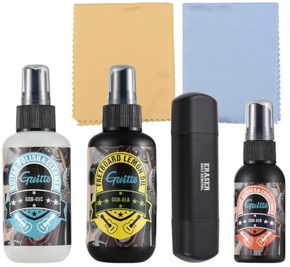 YIWEOG Gitarren-Reinigungs- und Pflegeset, 120 ml, Griffbrett-Zitronenöl, 50 ml, Rostschutz-Pflegeöl, 120 ml, Reinigungs- und Poliermittel mit Saiten-Rostentfernungsbürste und Reinigungstuch für die