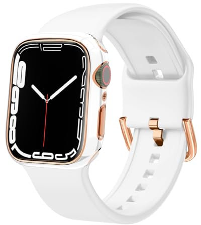 Sport Band and Bumper Case Compatible with Apple Watch 40mm 38mm 41mm 42mm 44mm 45mm 46mm Women, Soft Silicone Straps and Rose Gold Edge Protector Frame for iWatch Series 11 10 9 8 7 6 5 4 3 2 1 SE