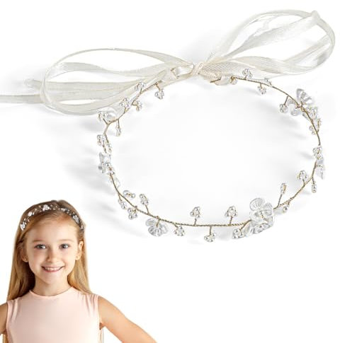 Mabor Blumenkranz Haare,Blume Haarschmuck Mädchen Perle Kommunion Haarschmuck Weiß Haarkranz Blumen Perle Haarreifen mit Band für Kinder Mädchen Geburtstag Hochzeit Zubehör