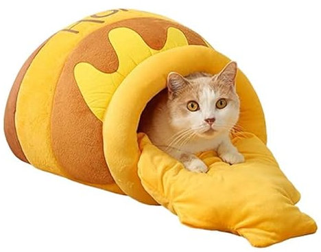 GAOCUNBING Winter Warm Cat Bed, Cat Bed Honey Pot Shape, Cat Sleeping Bag with Removable Cushion, Memory Foam Pet Comfort Mat Washable Cat Bed for Small Cats A