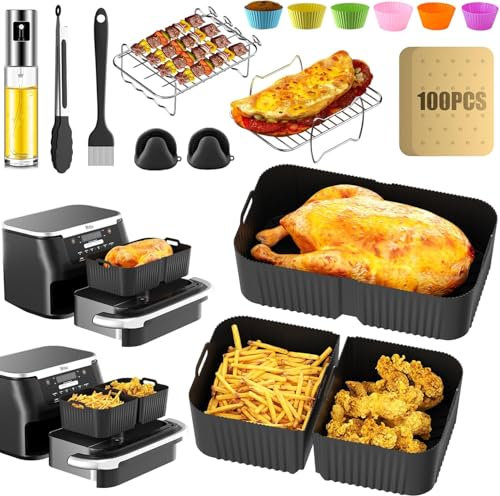 Silicone Air Fryer Liner for Ninja Air Fryer AF500UK/AF500UKCP, 18 Pcs Set Upgraded Reusable Air Fryer Liners, Including Air Fryer Rack&Mini Cake Mold&Oil Spray Bottle&Oil Brush,Tong (Black)