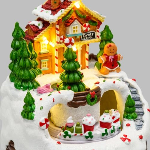 Lotti Villaggio Natale Innevato Casa di Marzapane H 16 Cm 13 x 12 Cm LED Musica Movimento Rotante