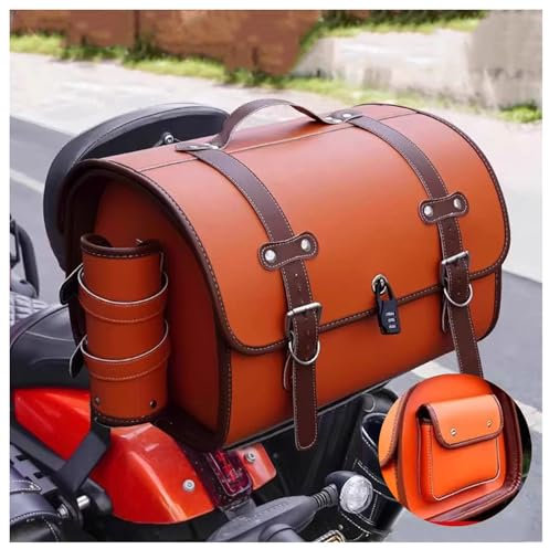 VODHXA Motorrad Hecktasche für Triumph Thunderbird Storm 2011-2019, Motorrad Gepäcktasche Wasserdichter Hecktasche Große Kapazität Motorradtasche, Retro Motorrad Satteltasche,F Orange + Brown