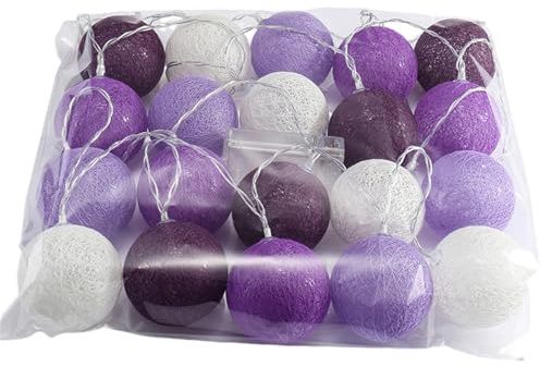 Mateju Lichterkette Innen Batterie, Kugel Lichterkette mit Fernbedienung 8 Modi Cotton Ball Lights Batteriebetrieben Baumwollkugeln Lichterkette für Zimmer, Innen Deko (Lila,5M/50LED)