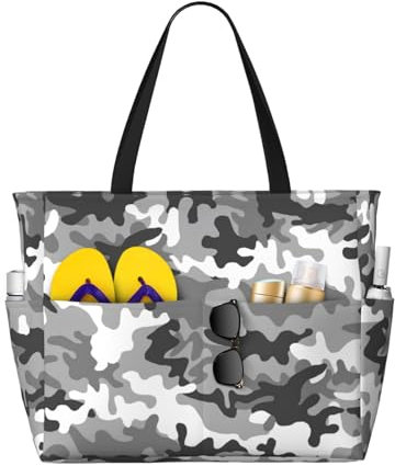 Digitale Camouflage-Strandtasche für Erwachsene, Strandtasche mit großen Tragetaschen für Strand, Pool, Reisen, Schwarz , Einheitsgröße