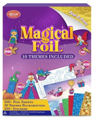 ATFUNSHOP Magical Foil Art Princesses Unicorn Mermaid & Fairy - No Mess Foil Craft Kit for Kids Ages 4 5 6 7 8 9 Fun Creative DIY Activity, Ideal Birthday Gift for Girls