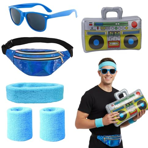 OZNXWRYY 80er Jahre Outfit Damen Herren Set, Neon Sport Accessoires mit LED Bauchtasche, Stirnband, Armbändern, Sonnenbrille und tragbarem Radio, ideal für Disco, Karneval, Fitness und Mottoparty