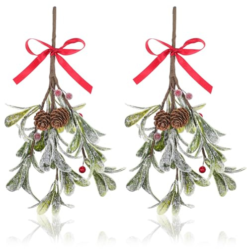 XLIUAX 2er-Pack Weihnachtsmistel-Dekorationen, Glitzernder Weihnachtsbaum-Mistelzweig-Anhänger mit dekorativer roter Schleife Blumenstrauß Handgefertigtes Deko-Geschenk für Feiertage, Strumpffüller
