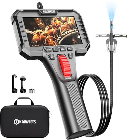 KAIWEETS Endoscopio con Luce, Doppia Lente 210° Articolata con Controllo a Rotella, Sonda Sottile da 6,5 mm, Schermo IPS 1080P, Cavo Semirigido da 1,6 m, IP67 Impermeabile per Auto e HVAC