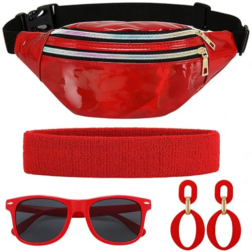 80er Jahre Bauchtasche Damen für Fasching & Karneval - Neon Party Accessoires 80er Kostüm Outfit mit Bauchtasche, Stirnband, Ohrringen, Brille (Rot)