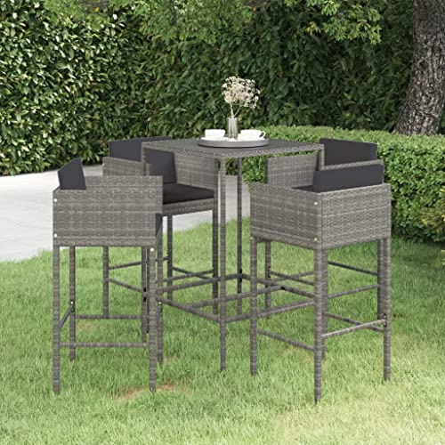 Mokuyary 5-TLG. Gartenbar-Set mit Kissen Poly Rattan Grau Gartenmöbel Bistro Set, Sitzgruppe mit Stühlen und Tisch, Balkonmöbel Outdoor Möbelset für Terrasse, Garten, Balkon -K