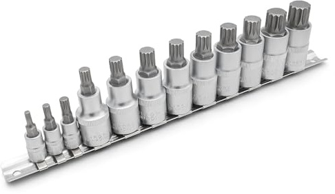 DAKCOS 12pcs Spline Socket Set, M4 M5 M6 M8 M9 M10 M11 M12 M13 M14 M16 M18 Spline Bit Set for 1/2, 1/4 Drive, XZN Triple Square, S2 Alloy Steel Bit and CR-V Drive Socket