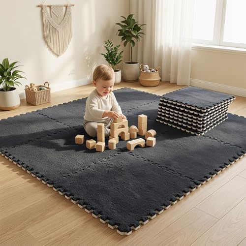 12 Stück Ineinandergreifende Plüsch puzzleteppich, 30x30cm Schaumstoff Puzzle Matten Boden, puzzlematte Baby,Teppich Fliesen Schaumstoff-Bodenmatte, Wohnzimmer-Schlafzimmer-Teppichfliesen,Schwarz