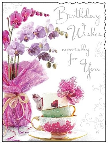 Female Birthday Card for Her - General Card for Women - Special Finishes - Orchid Flower and Teacups - Made in the UK