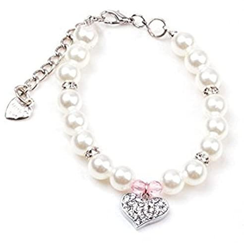 PETFAVORITES Fancy Pinky Crystal Heart Pet Cat Dog Necklace Jewelry with Bling Pearls Rhinestones Charm for Pets Cats Small Dogs Girl Teacup Chihuahua Yorkie Clothes Costume Outfits (8-Inch)
