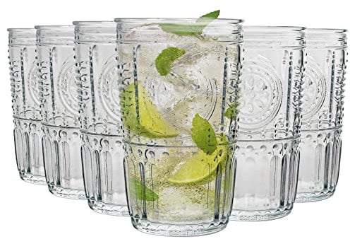 Bormioli Rocco Romantic Highball Glasses Set - Vintage Italian Cut Glass Cocktail Tumblers - 475ml - Pack of 12
