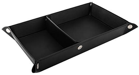 Luxspire PU Leder Tablett Organizer, Abnehmbare Zwei Fächer Taschenleerer Schreibtisch Ablage Aufbewahrungsbox für Schmuck Schlüssel Geldbörsen Uhren Münzen Handy - Schwarz