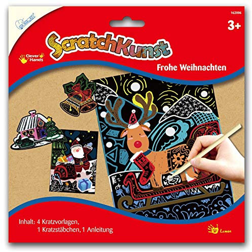 Mammut Spiel & Geschenk 162006 Kratzbilder ScratchKunst Motiv Frohe Weihnachten, Komplettset mit 4 Kratzvorlagen, Kratzstäbchen und Anleitung, Scraper, Kratzset f. Kinder ab 3 J