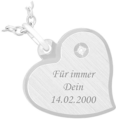 Hanessa 925 Sterling Silber Kette mit Gravur 42 + 3 cm mit Anhänger Herz mit Strass-Stein in silber - Personalisierte Halskette Damen Silberkette Schmuck - Geschenke personalisiert