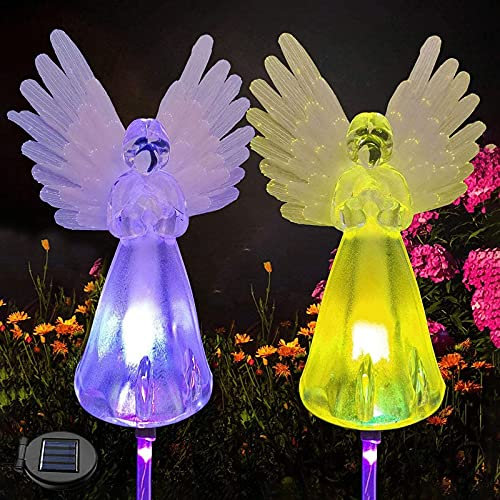 ZVO Solarlampe für Außen Garten, 2 Stück Solar Engel Licht Angel Lights, Farbwechsel LED Wasserdichte Solarleuchten, Wegeleuchte Gartenstecker für Garten Außen Friedhof Grab Weihnachten Deko