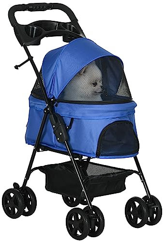 PawHut Dog Pram Dog Stroller Foldable Pet Pushchair with 4 Wheels, Safety Leashes, Cup Holder for Small Dogs, Blue